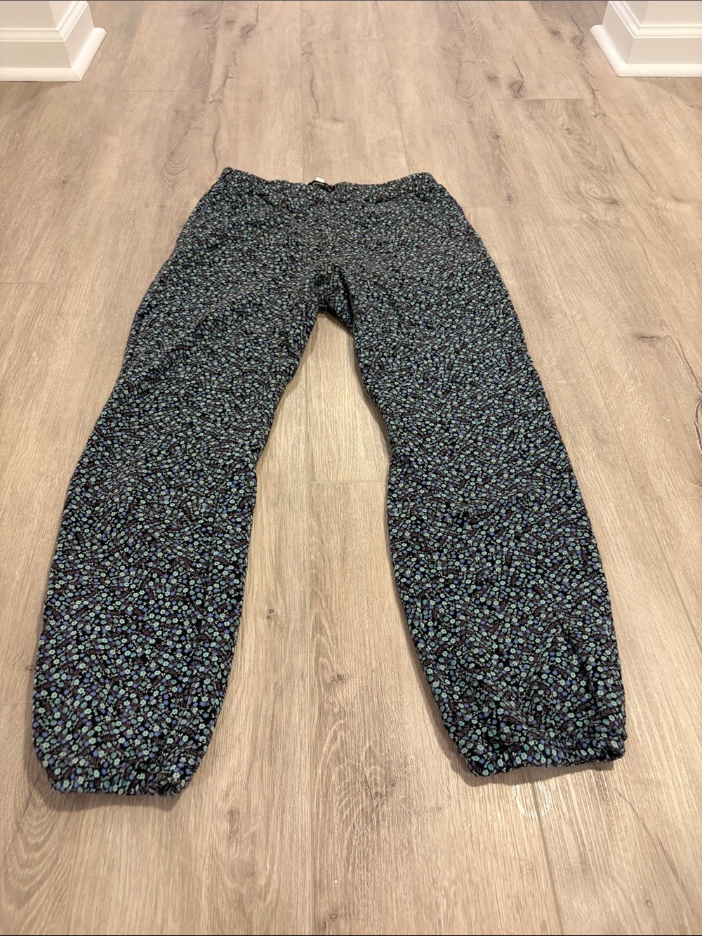 Something Navy Black Pants with Blue and Green Floral Print